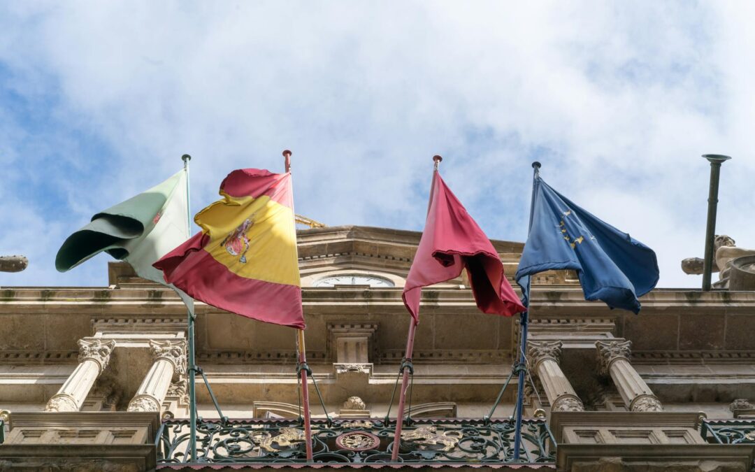 flags waving on old ornate city building on fine day
