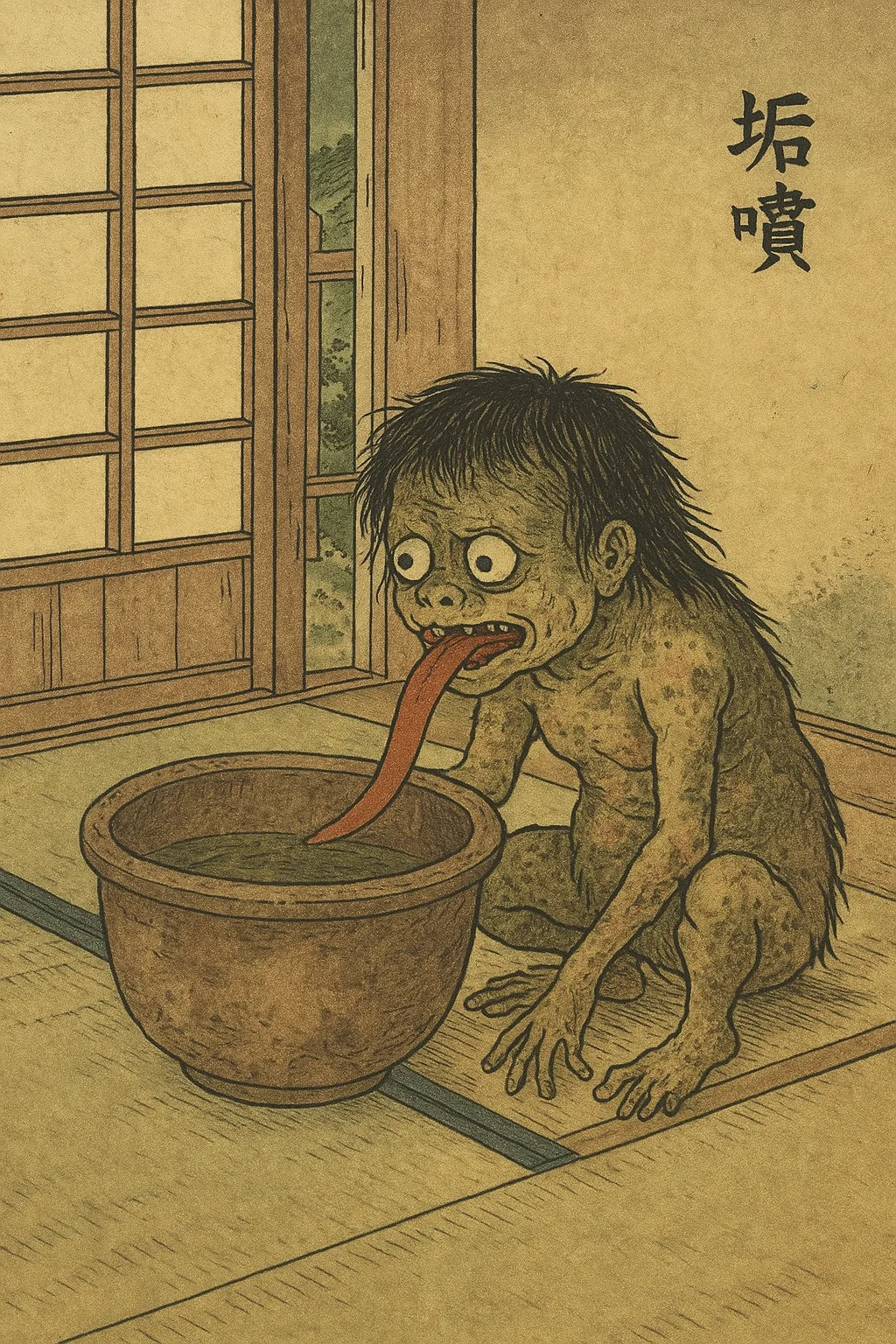 akaname dibujo estilo nihonga - style Ukiyo-e - yokai - folklore japones - japan - historia - leyendas - royal language